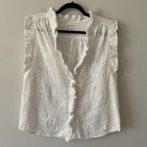 Dear John Ruffle Eyelet Cotton Blouse White Sz L Boho Prairie Peasant Cottage